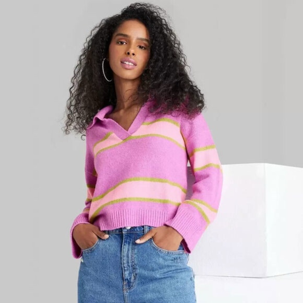 Wild Fable Striped Slouchy Cropped Collared Pullover Sweater